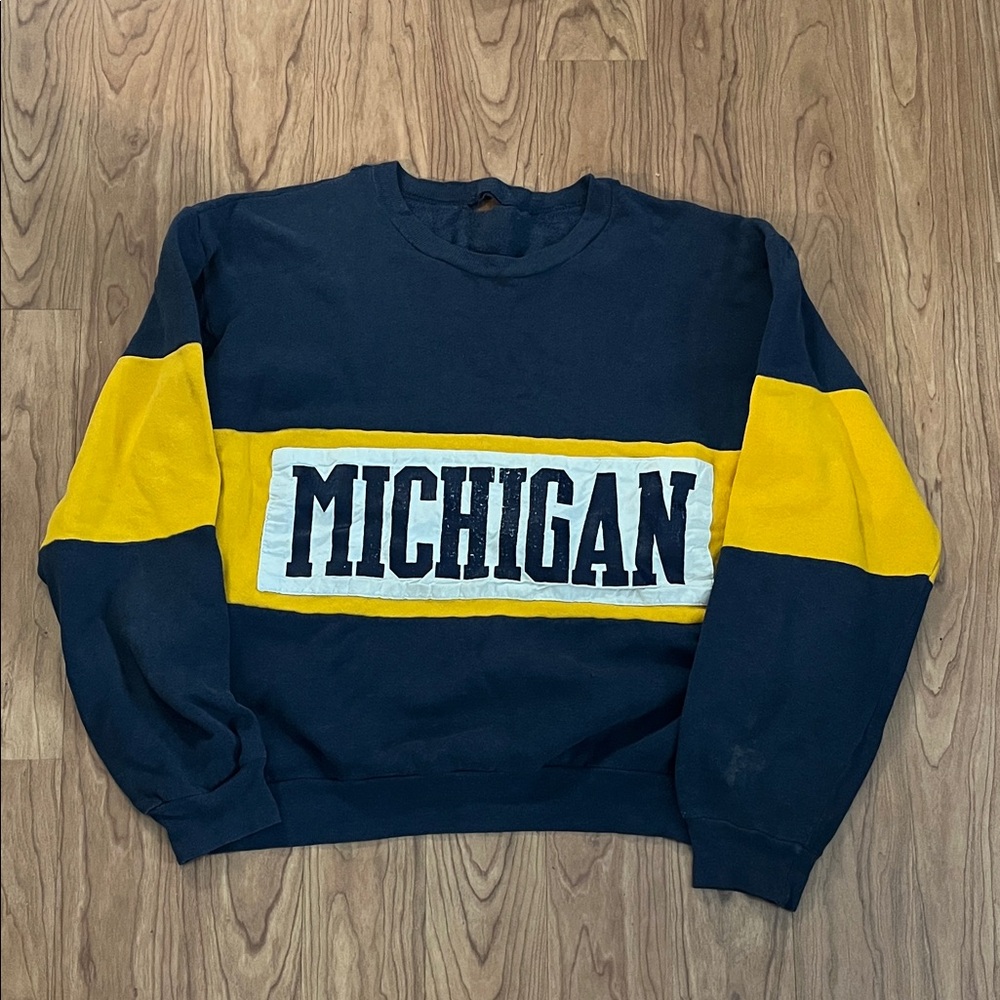 Navy and Yellow Michigan Men's Sweater vintage with wear no tag